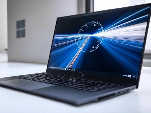 A sleek laptop displaying a digital speedometer with streaks of blue light on the screen.