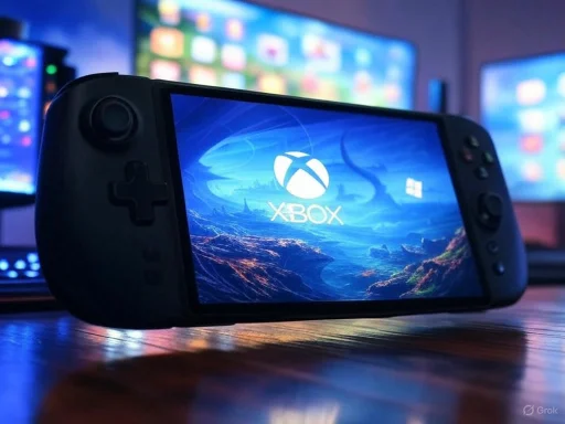 A handheld gaming console displaying the Xbox logo, with multiple screens in the background showing app icons.