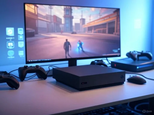 A gaming setup featuring a monitor, controllers, a console, and a game on the screen. A gaming setup featuring a monitor, controllers, a console, and a game on the screen.