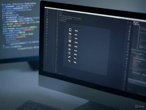 Screens displaying coding and app design interfaces in a dark workspace environment. Screens displaying coding and app design interfaces in a dark workspace environment.