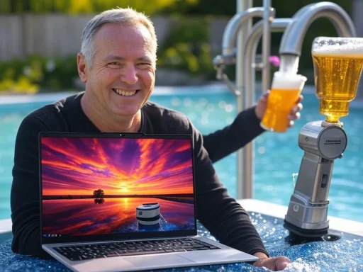 A man in a pool with a laptop, holding a glass of beer, next to a robot pouring beer, with a sunset view behind.