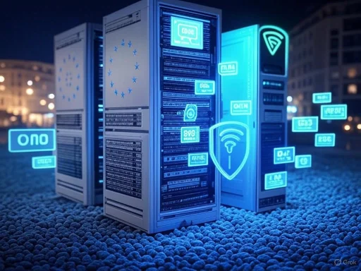 Futuristic servers with glowing digital security and connectivity symbols in a cityscape at night.