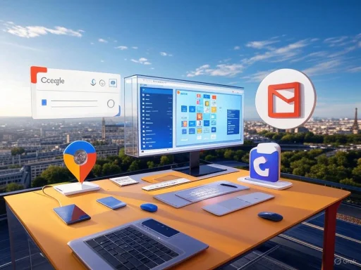A modern workspace with a computer monitor displaying apps, and various digital icons on a yellow desk overlooking a city skyline.