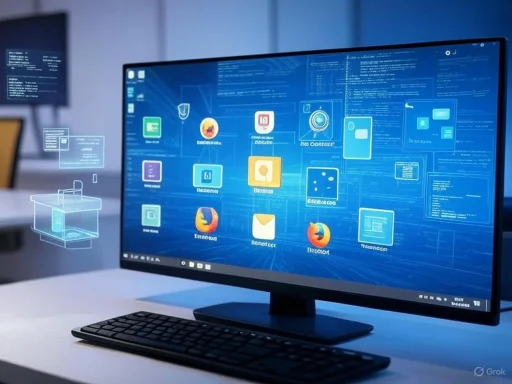 A computer monitor displays a digital interface with various icons, code snippets, and futuristic holographic elements.
