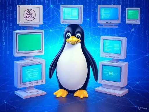 A penguin mascot surrounded by multiple computer monitors with digital backgrounds and binary code.