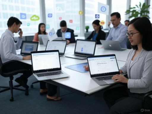 A diverse group of professionals working on laptops in a modern, bright conference room during a business meeting.
