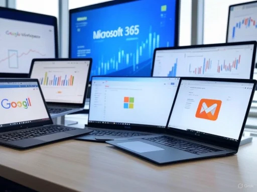 Multiple laptops and screens displaying business analytics and productivity tools in an office setting.
