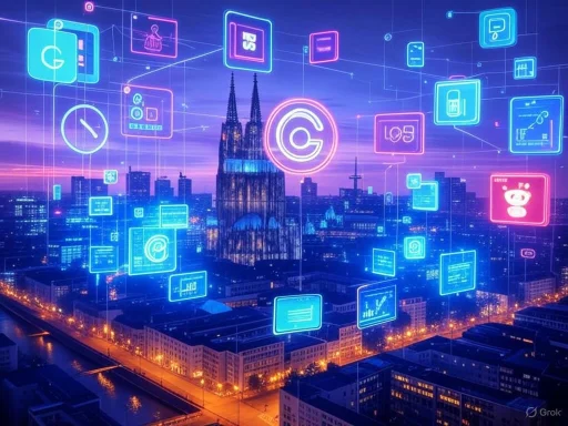 Digital icons and symbols overlay a city skyline at sunset, illustrating smart technology and data connectivity.