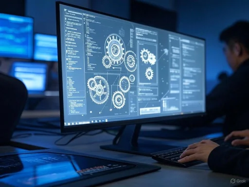 Person working on multiple monitors displaying technical diagrams and code in a dark, high-tech environment.