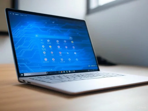 A sleek silver laptop displaying a blue digital interface on a wooden desk near a window. A sleek silver laptop displaying a blue digital interface on a wooden desk near a window.