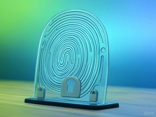 A clear acrylic fingerprint scanner display with padlocks, set against a colorful gradient background. A clear acrylic fingerprint scanner display with padlocks, set against a colorful gradient background.
