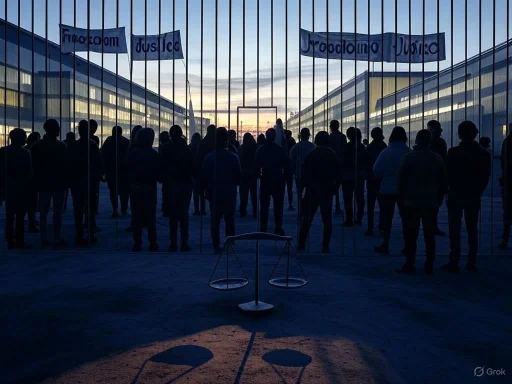 People gather outside a building with 'Democracy Died' banners during dusk, reflected in mirror-like glass walls.