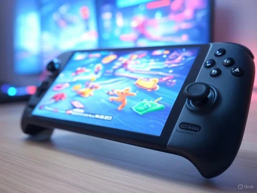 A handheld gaming console displaying a colorful animated game, on a wooden surface with a blurry screen in the background.