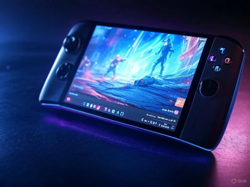 A handheld gaming console displaying a futuristic sci-fi game with neon lighting effects.