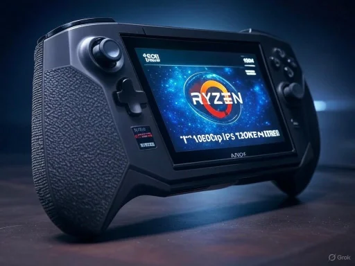 A handheld gaming console displaying the AMD Ryzen logo on its screen.