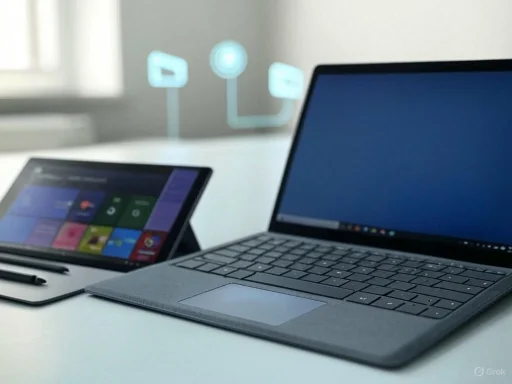 A laptop and a tablet with stylus on a white desk in a modern office setting.