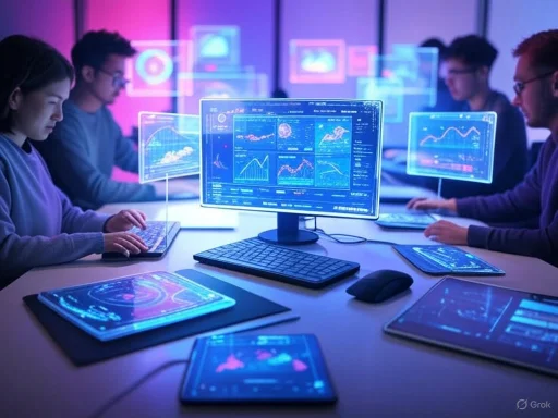 Group of professionals analyzing data on multiple digital screens in a high-tech, futuristic environment.