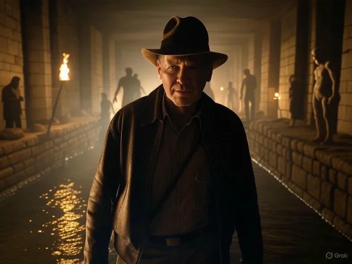 A man in a fedora and leather jacket walks through an ancient, torch-lit corridor lined with statues.