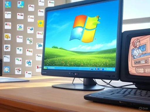 A Windows XP desktop setup with a monitor, a computer tower, a keyboard, and a wall with cartoon-style icons.