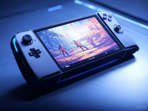 A portable gaming console displaying a scene with three characters in a forest setting.