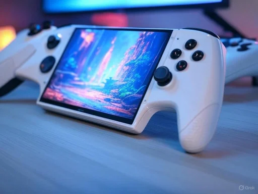 A white gaming console with a built-in screen displaying a colorful fantasy landscape.