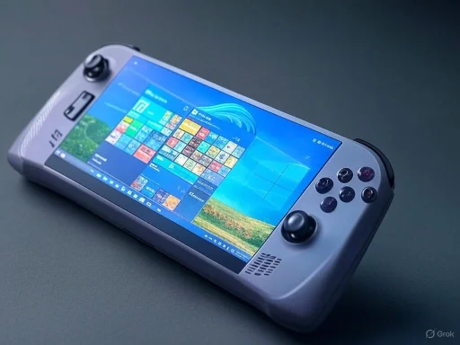 A handheld electronic device with a screen displaying a colorful grid of app icons and a Windows desktop background.