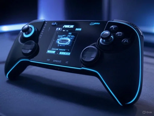 A high-tech gaming controller with illuminated edges and a digital display screen.
