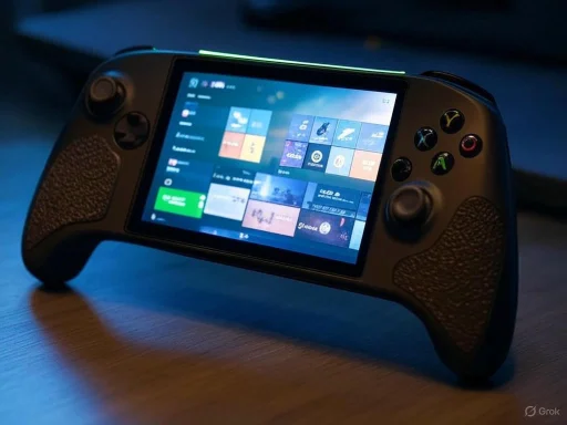A handheld gaming console with a touchscreen display showing various game icons on a wooden surface.