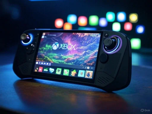 A handheld gaming device featuring an Xbox interface, illuminated joystick, and a vibrant backdrop of colorful lights.