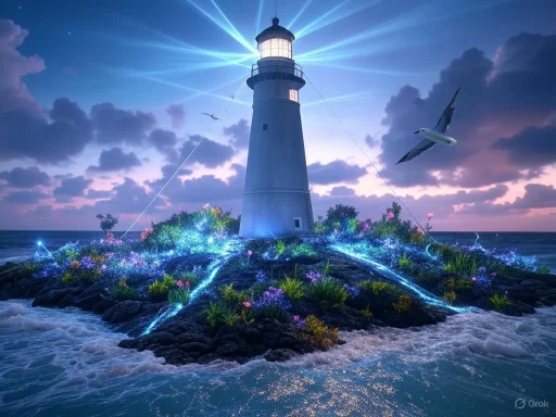 A lighthouse on a rocky island surrounded by colorful flowers and illuminated with glowing lights, under a sky with clouds and birds.