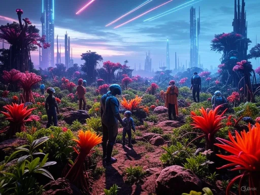 Futuristic scene with humans and robots exploring a vibrant alien landscape with towering structures and glowing flora.