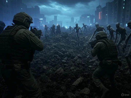 Soldiers confront a horde of zombies in a dark, ruined cityscape with a stormy sky.
