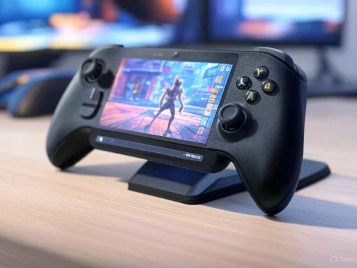 A handheld gaming console displays a character on a colorful game screen, resting on a stand on a wooden desk.