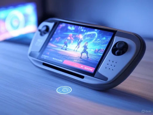 A handheld gaming console displaying a colorful, futuristic battle scene with characters and vibrant graphics.