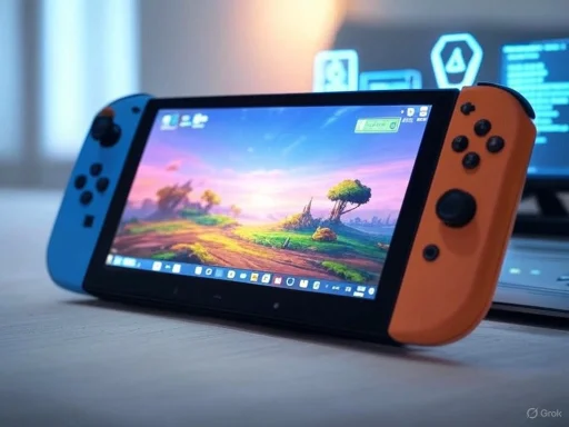 A Nintendo Switch handheld console displaying a colorful landscape game, with a computer screen in the background.