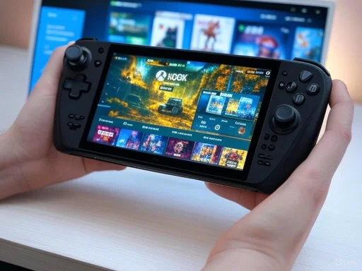 A handheld gaming console displaying a game menu, with a computer screen blurred in the background.