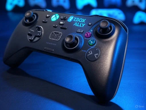 A gaming controller with 'Xbox Ally' branding, illuminated buttons, and a QR code, placed on a blue surface.