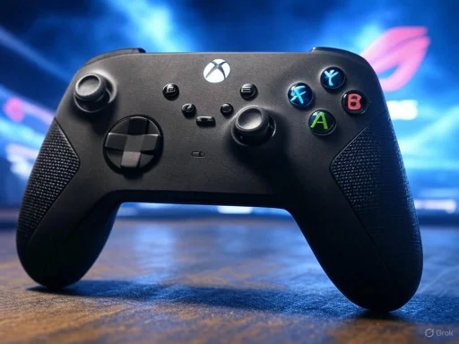 A black Xbox gaming controller with colorful buttons in front of a blurred gaming screen background.