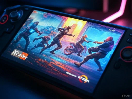 A gaming handheld device showing a futuristic battle scene with characters fighting and riding a motorcycle.