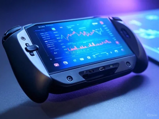 A rugged gaming console displaying colorful data graphs with a futuristic interface.