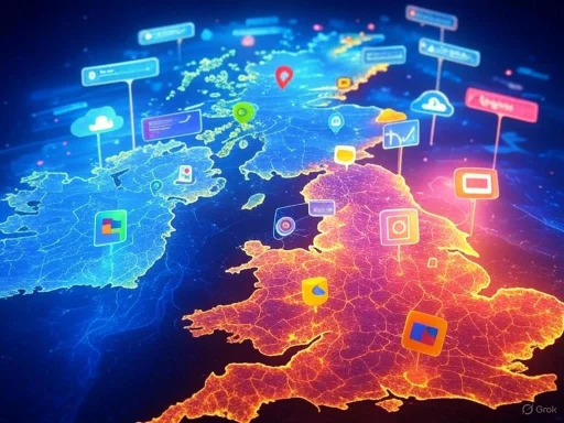 A digital map of the UK and Ireland showing interconnected data points and digital icons, highlighting global connectivity.