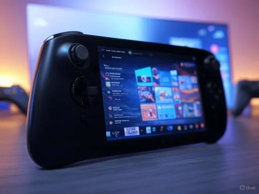 A handheld gaming device displays a colorful game menu, with a TV in the background emitting a blue glow.