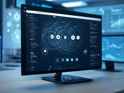 A futuristic digital interface on a computer screen showing circular patterns and data visualization in a high-tech environment.