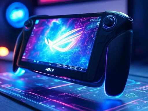 A handheld gaming console with illuminated controls and a vibrant, futuristic wallpaper on the screen.