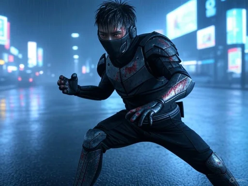 A masked, armored individual crouches in a futuristic city street at night, with neon lights reflecting off the wet pavement.