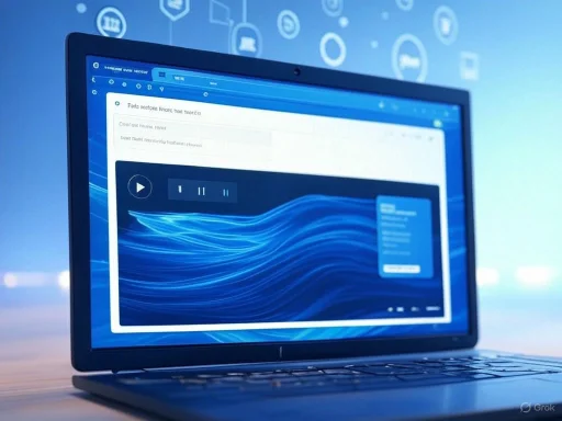 A laptop displays a digital interface with streaming controls and a wave design on the screen.