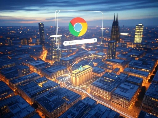 A cityscape at dusk with an augmented reality Google Chrome search interface floating over buildings.