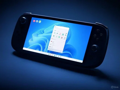 A handheld gaming device with visible screen and controls, displaying a Windows desktop interface.