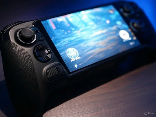 A handheld gaming console with a large screen displaying a vibrant background.