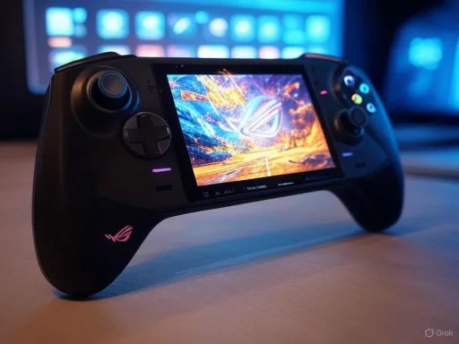 A gaming controller with a screen displaying a vibrant, fiery digital artwork, placed on a desk with blurred monitors in the background.